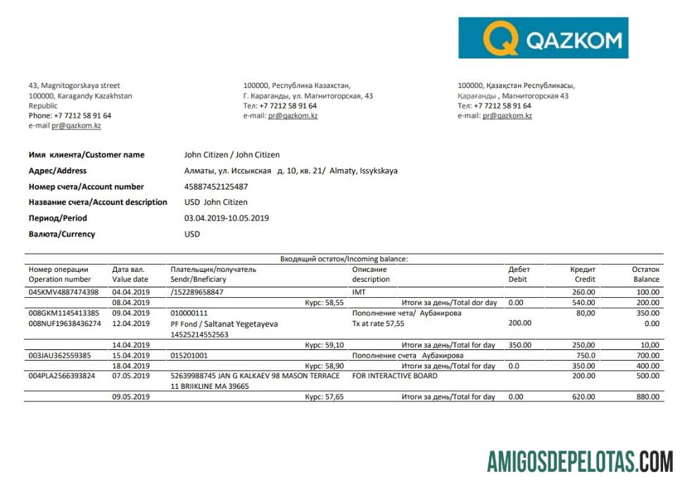 Modelo realista de comprovante de endereço do Banco Qazkom do Cazaquistão em formato Word e PDF